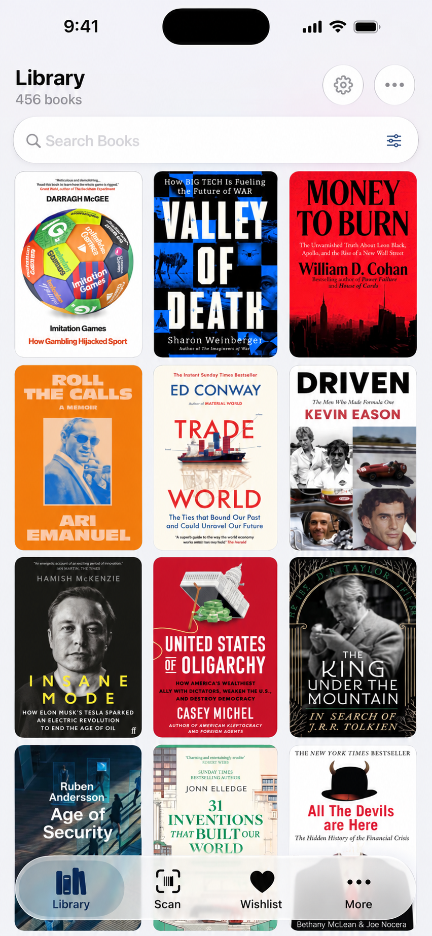 Athos on iPhone: Library with real book covers